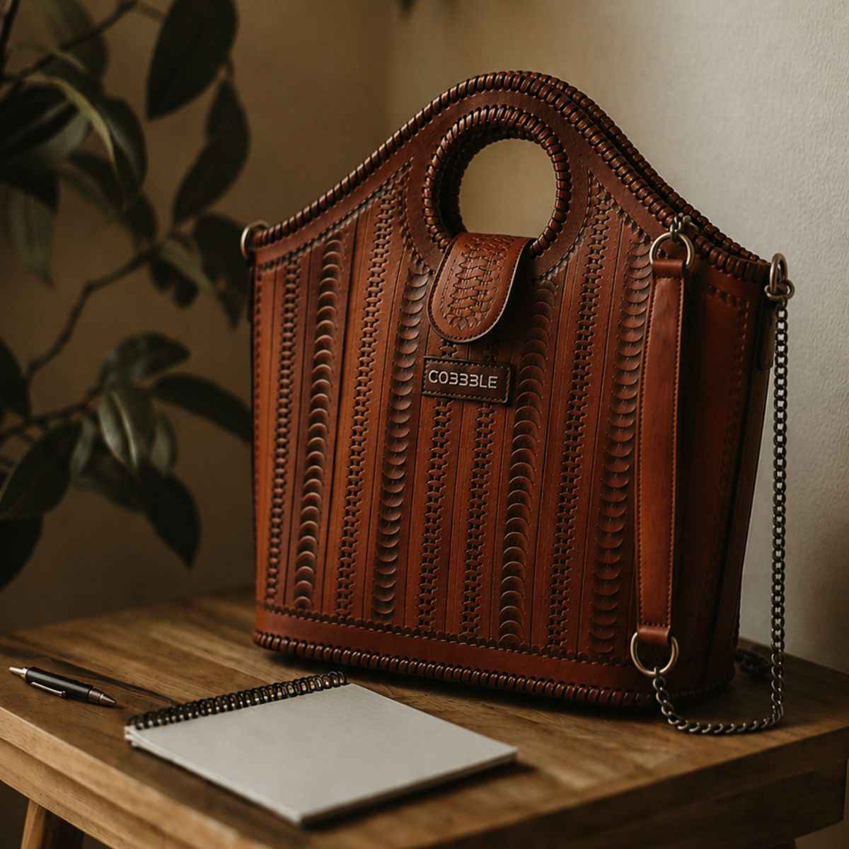 Cobbble Signature Tooled Tote - Tan