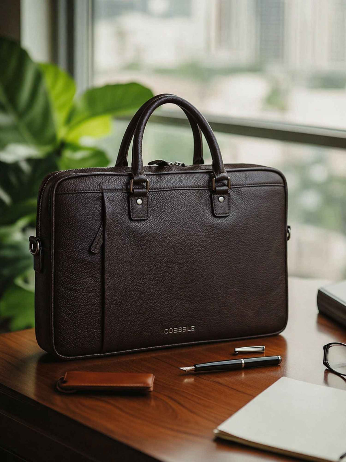 Cobbble Flat Grain Metro Laptop Briefcase - Brown