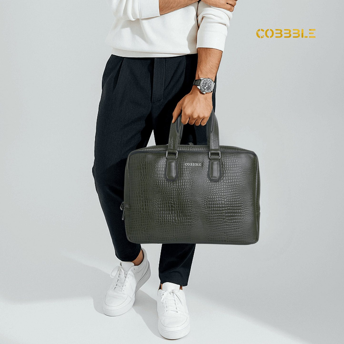 Cobbble Croco Executive Laptop Briefcase - Olive Green
