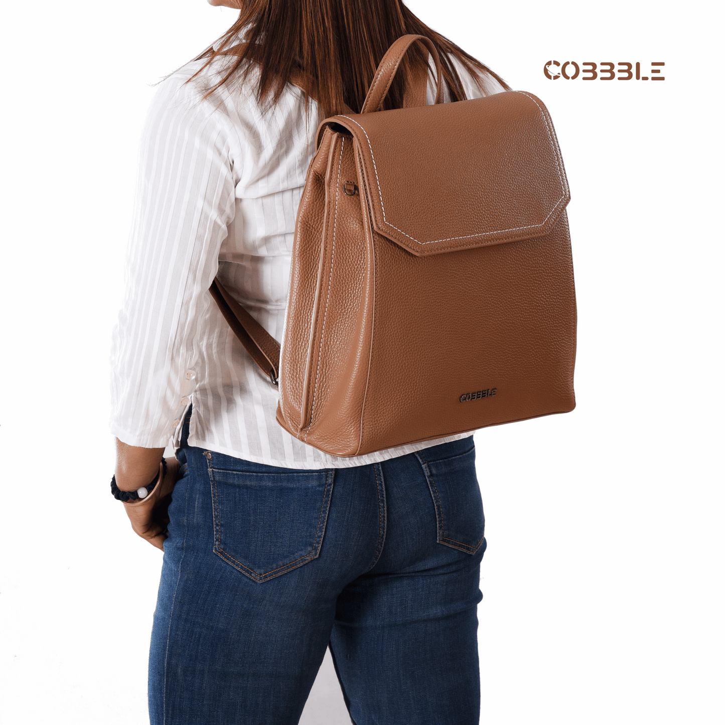 Cobbble Woman Mabel Flap Backpack – Mocha, Tab Sleeve