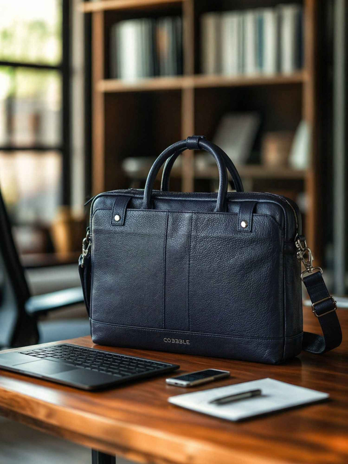 Cobbble Flat Grain Cambridge Laptop Briefcase - Blue