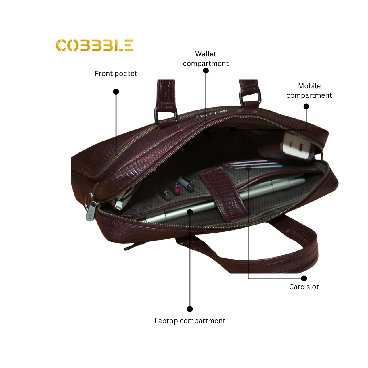 Cobbble Croco Classic Laptop Briefcase - Cherry
