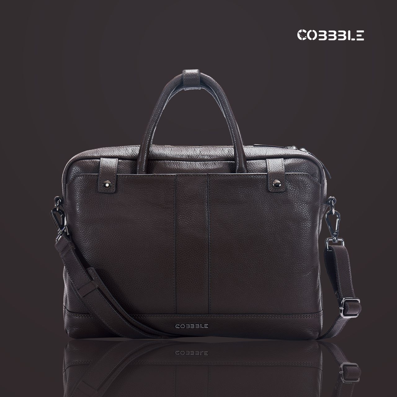 Cobbble Flat Grain Cambridge Laptop Briefcase - Dark Brown