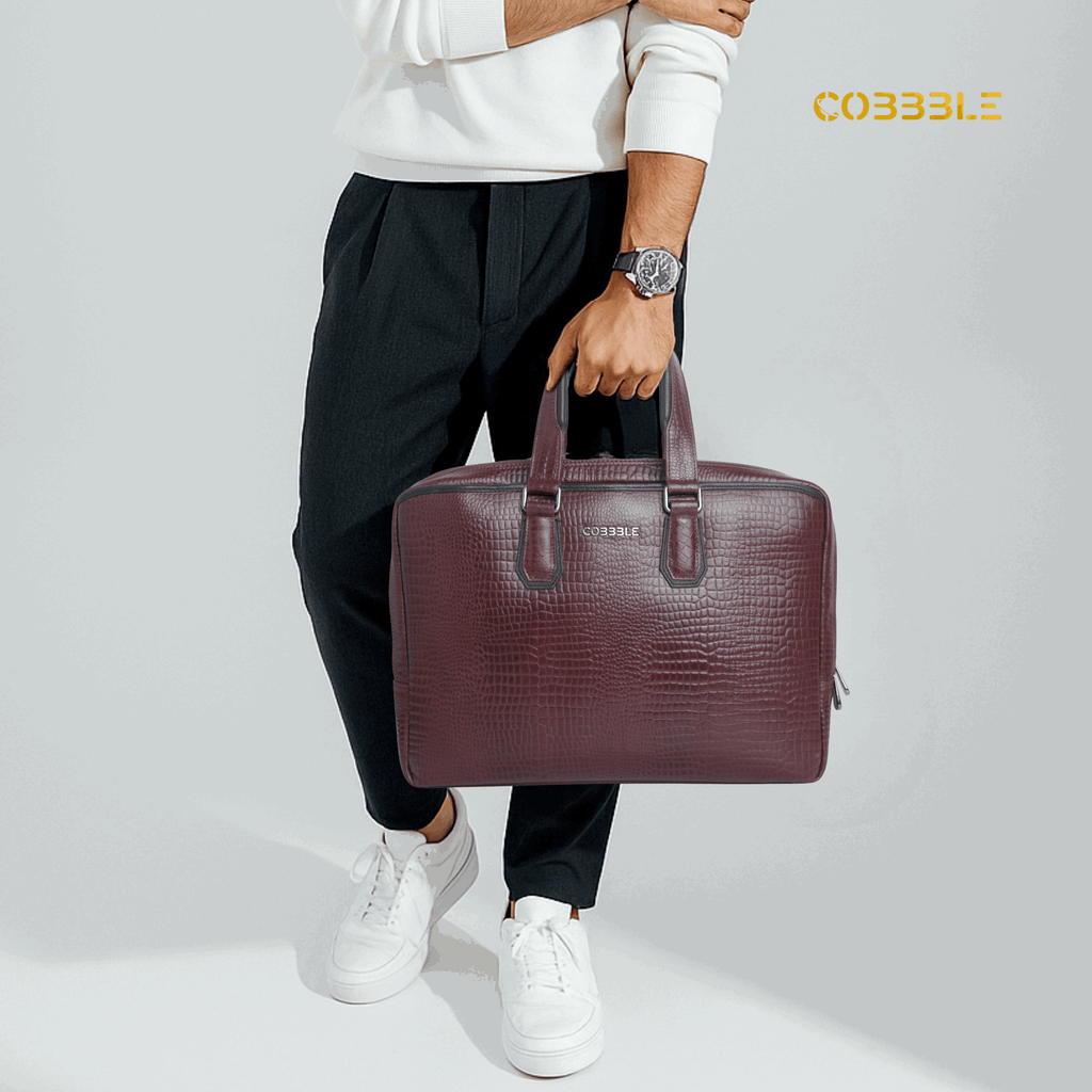 Luxury Bag for Office: Cobbble Croco Executive Laptop Briefcase - Cherry