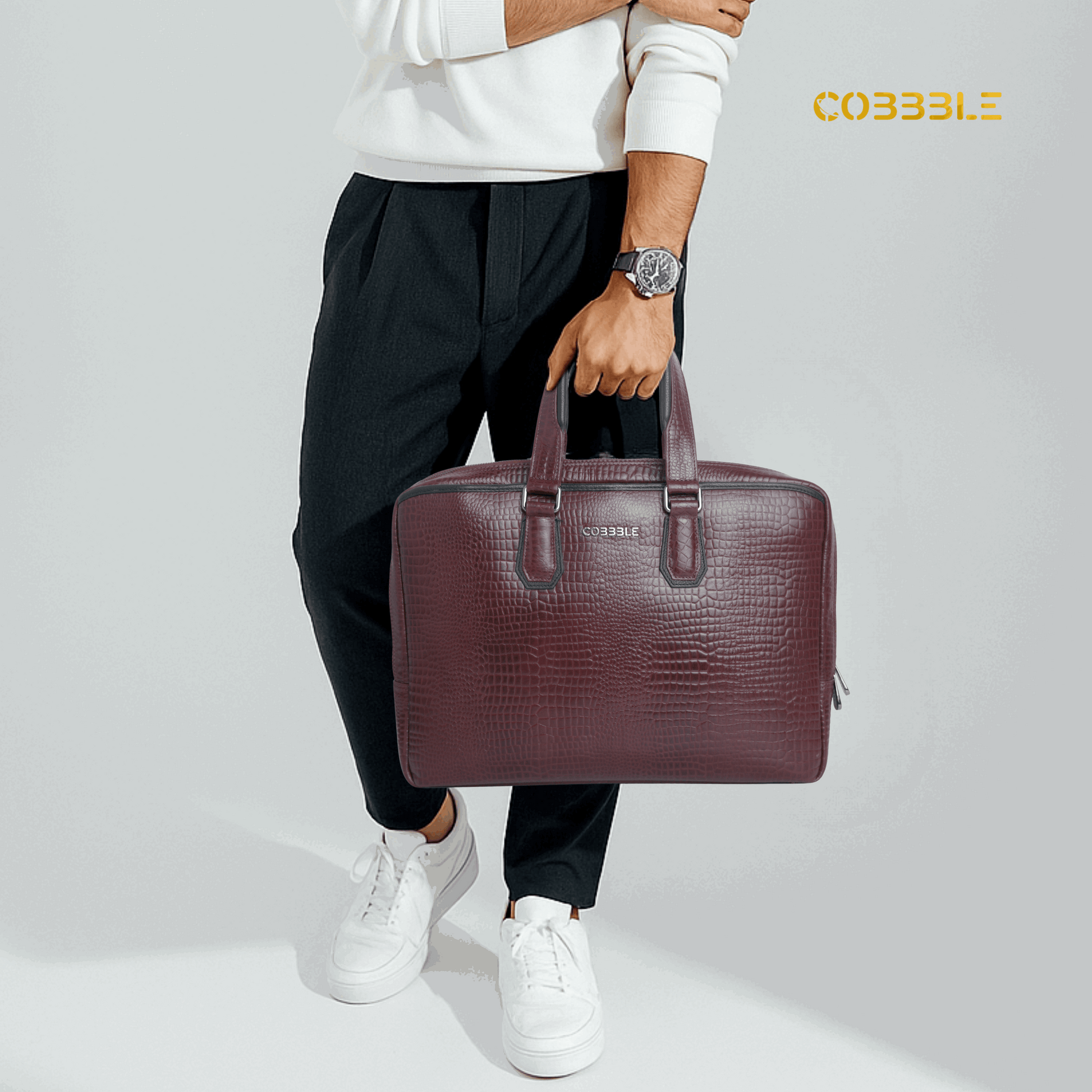 Cobbble Croco Executive Laptop Briefcase - Cherry