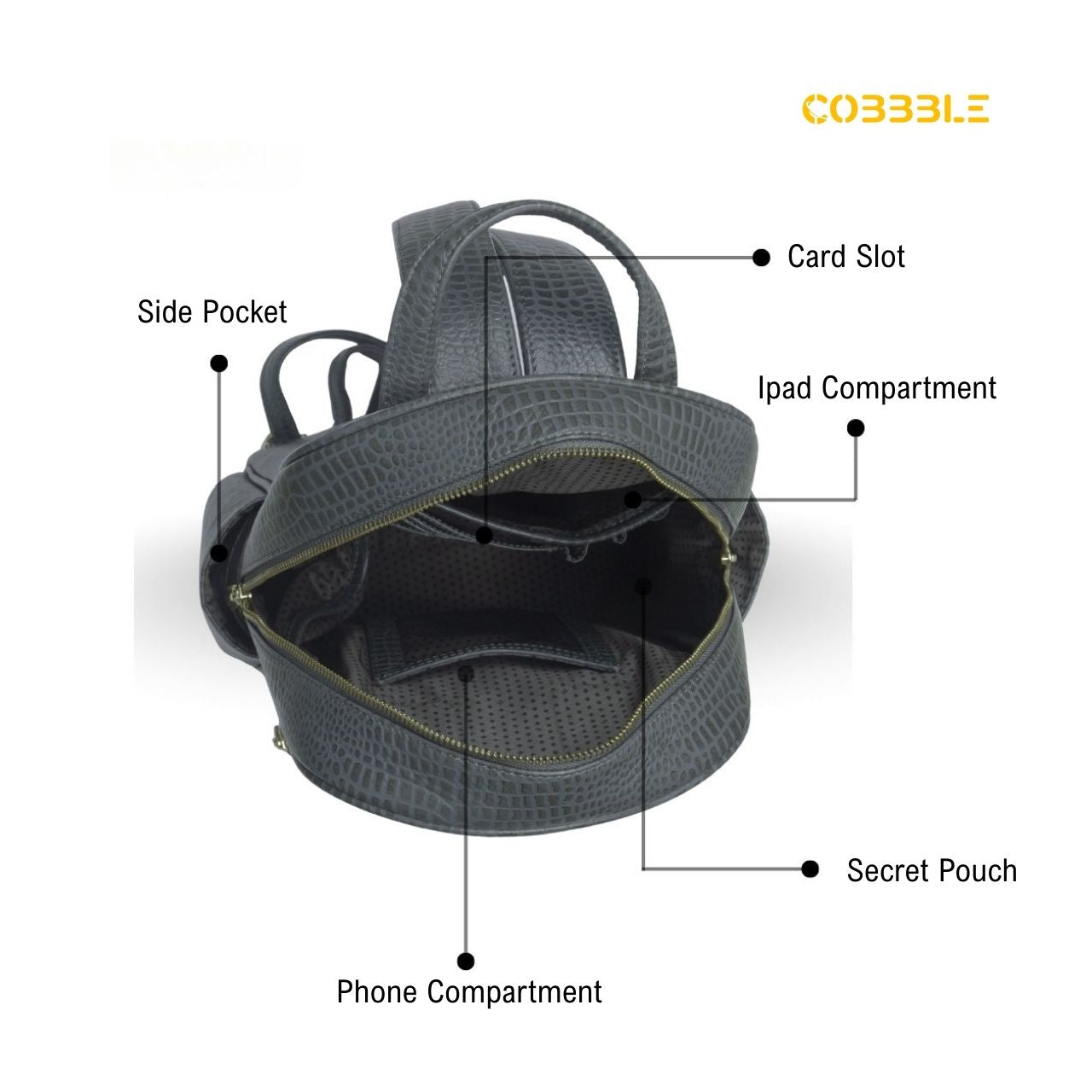 Cobbble Woman Croco Day Backpack - Grey, Multi-Pocket