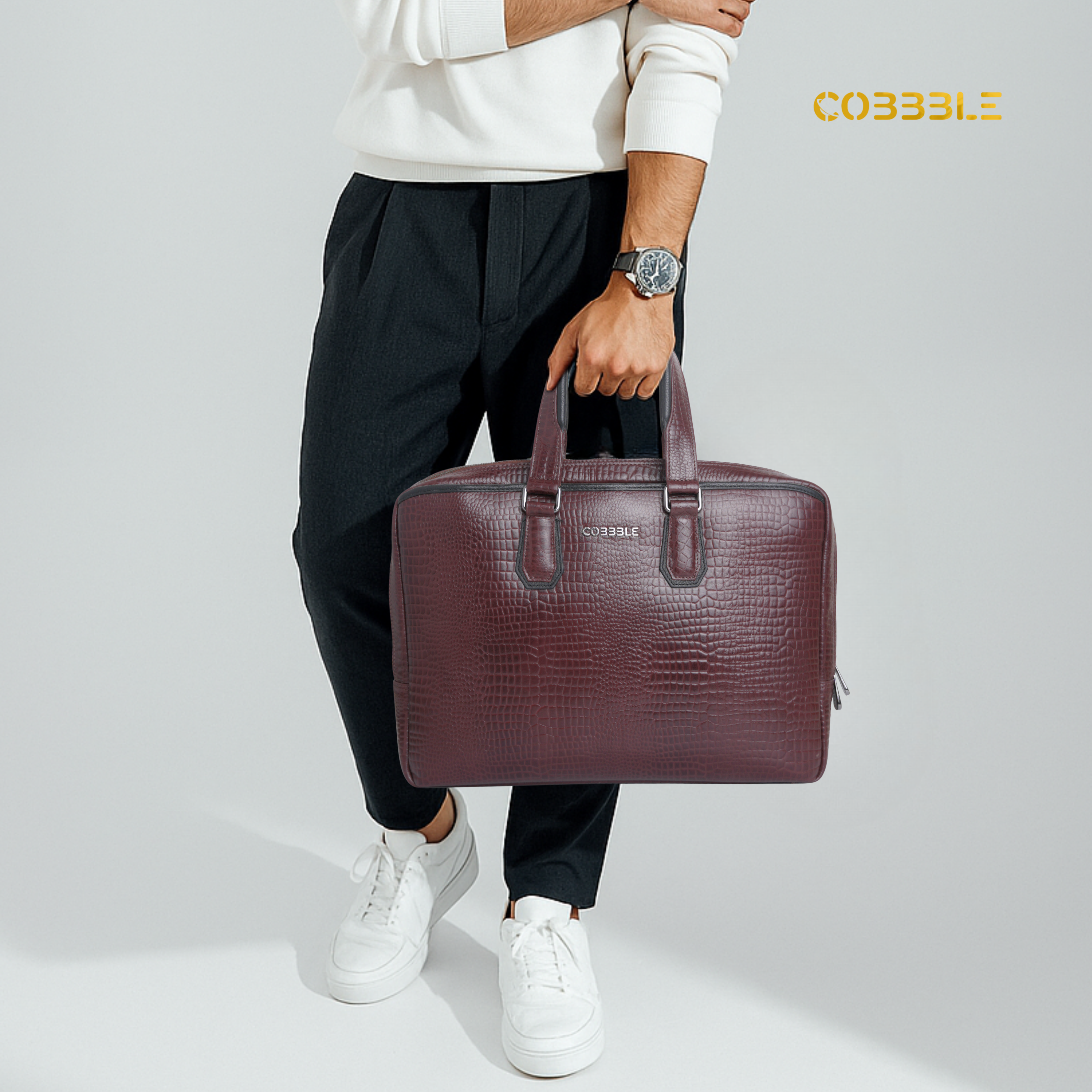 Cobbble Croco Executive Laptop Briefcase - Cherry