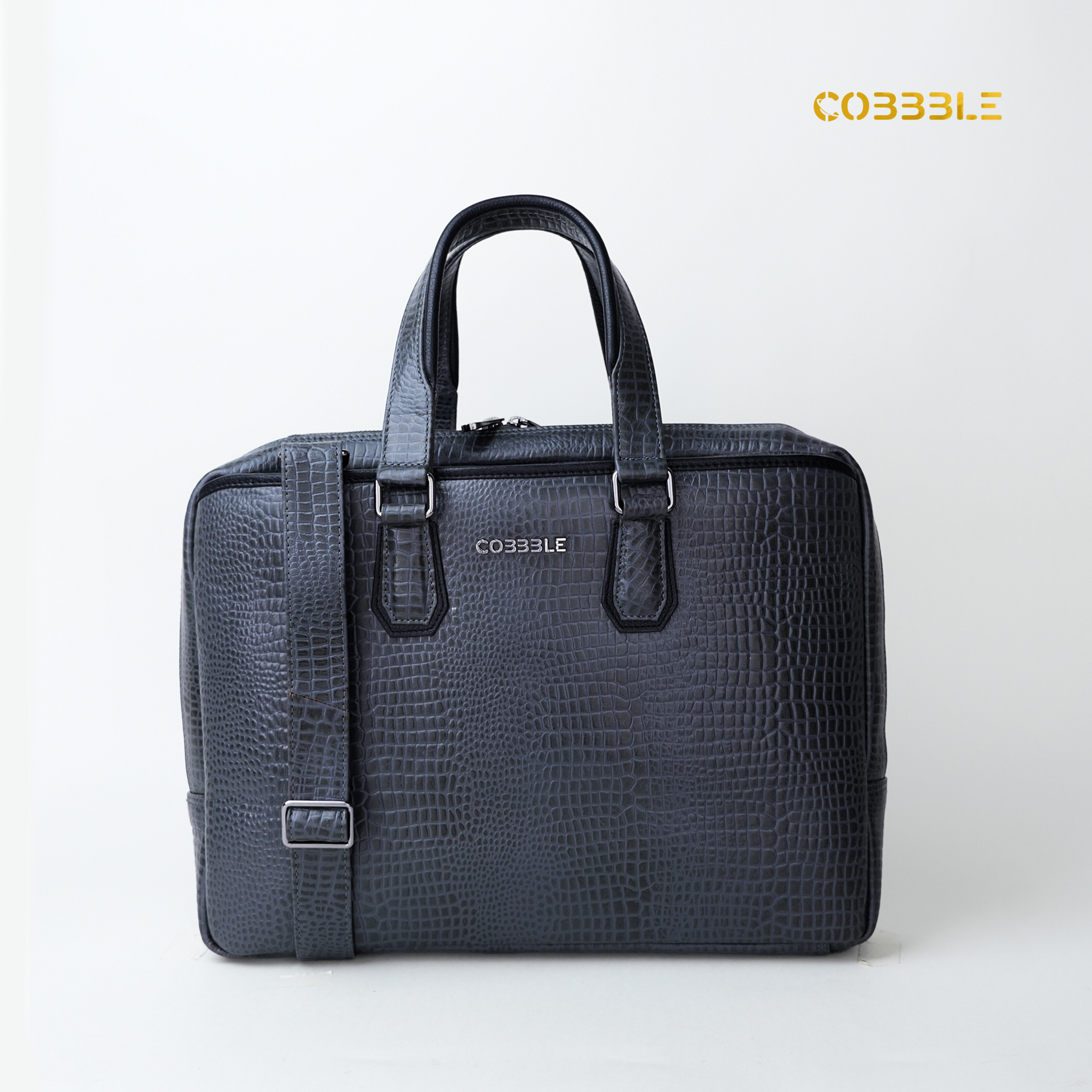 Cobbble Croco Executive Laptop Briefcase - Navy Blue