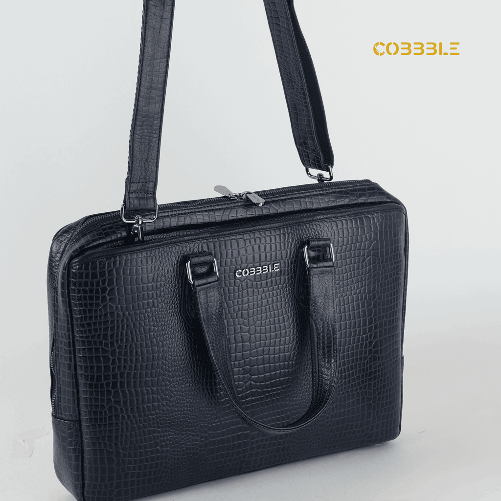 Cobbble Croco Executive Laptop Briefcase - Navy Leather