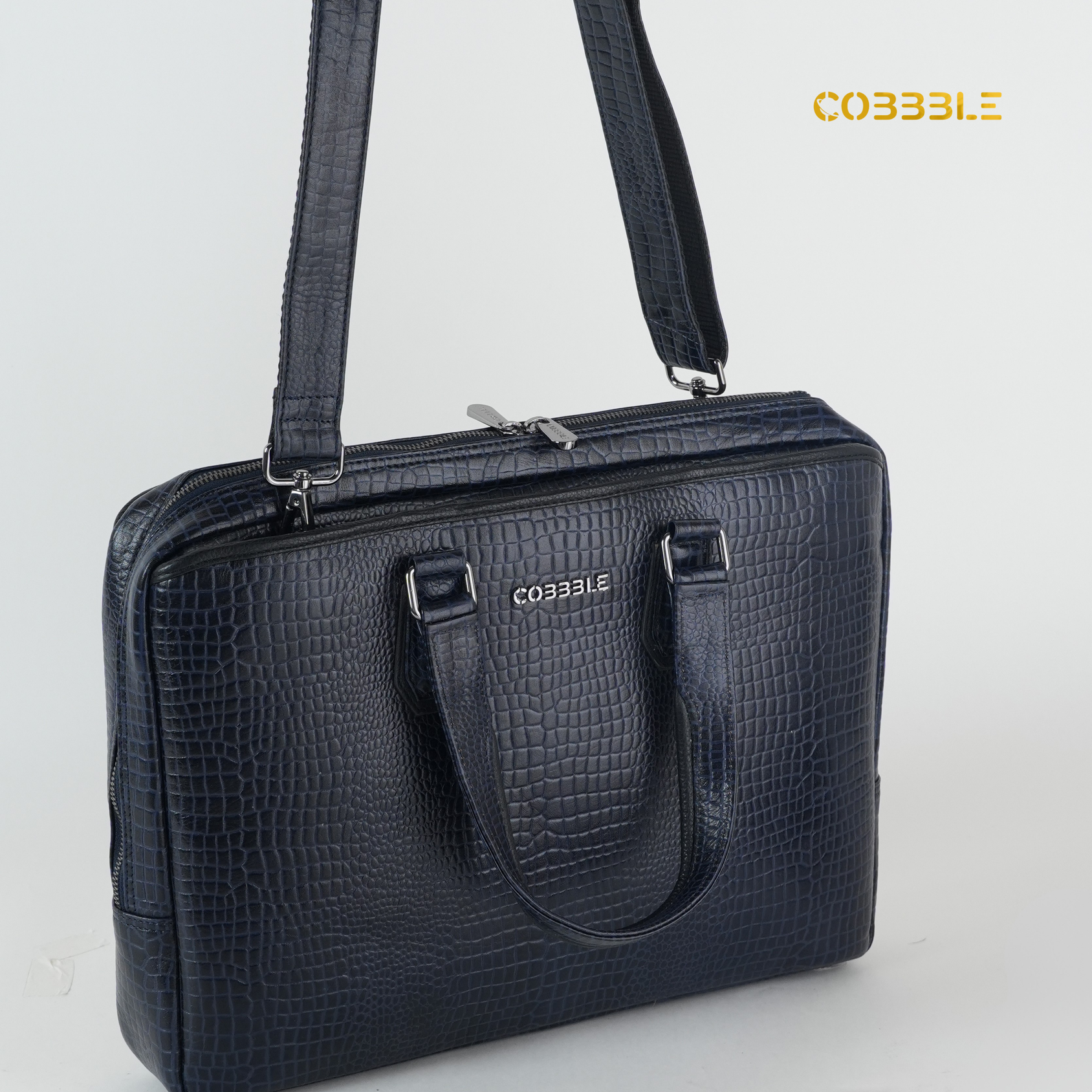Cobbble Croco Executive Laptop Briefcase - Navy Blue