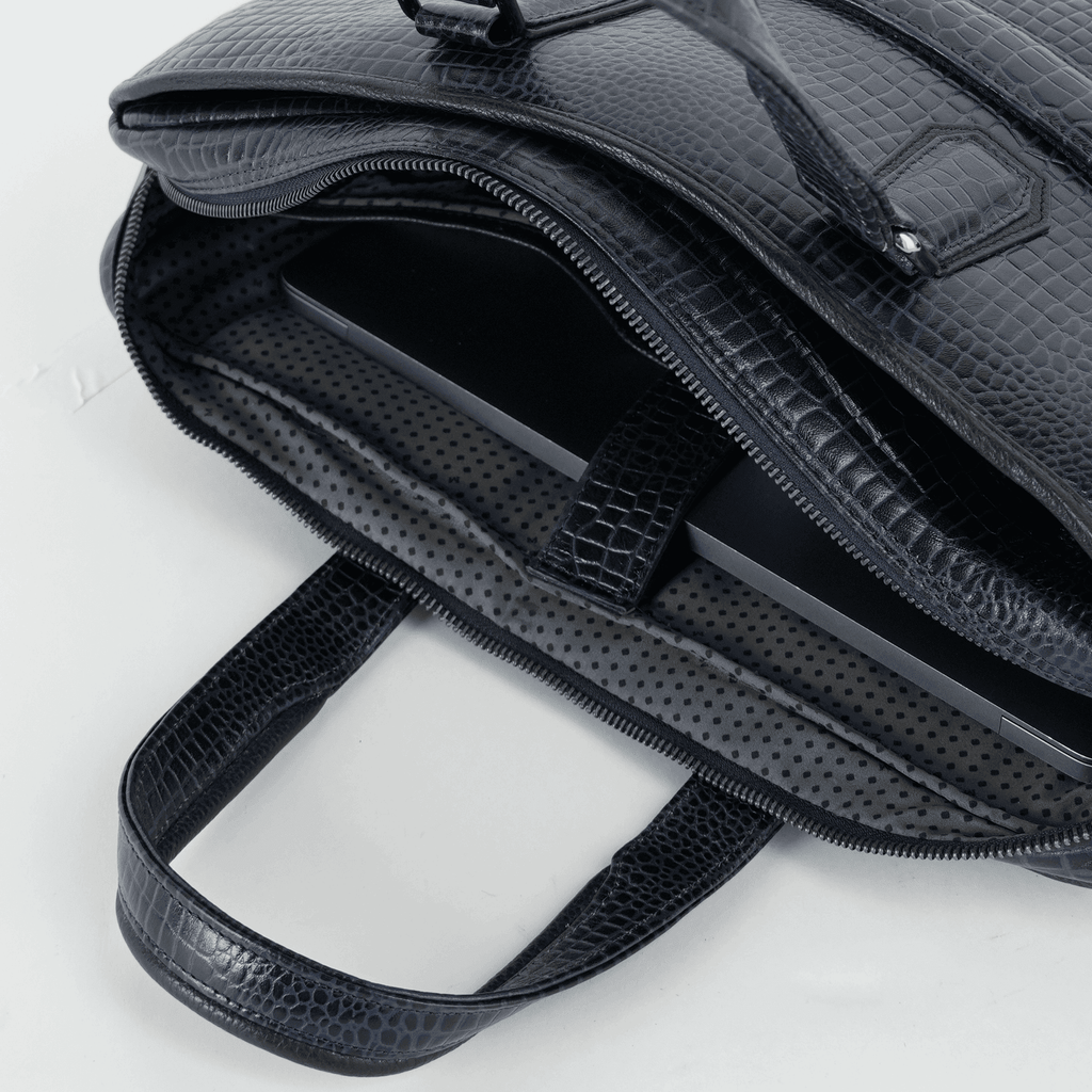 Cobbble Croco Executive Laptop Briefcase - Navy Leather