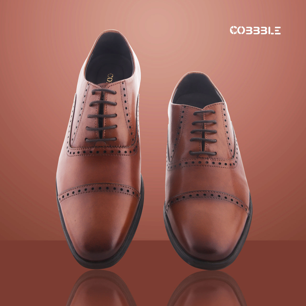 Cobbble Fusion Genuine Leather Brogue Shoes - Tan
