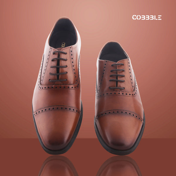 Cobbble Fusion Genuine Leather Brogue Shoes - Tan