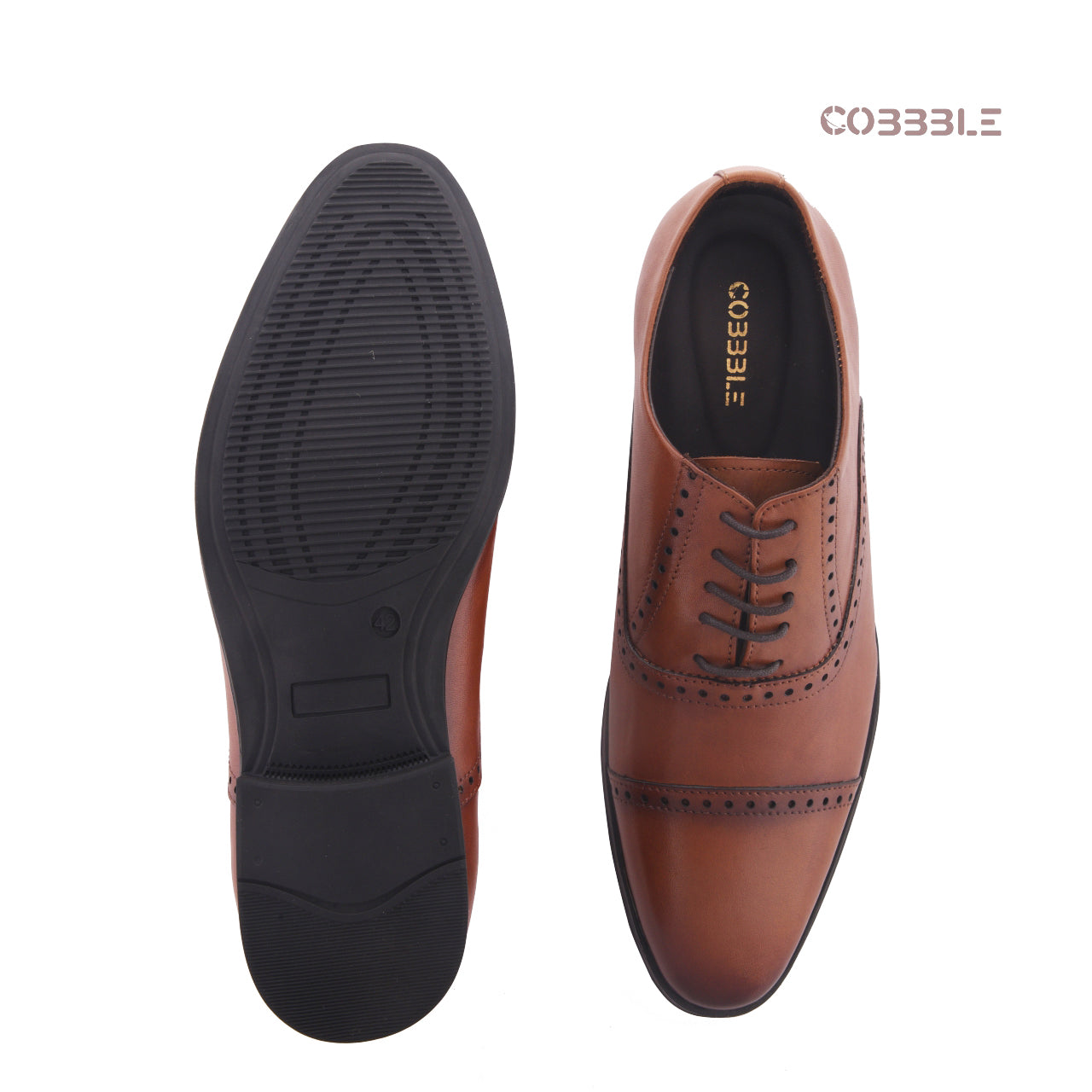 Cobbble Fusion Genuine Leather Brogue Shoes - Tan