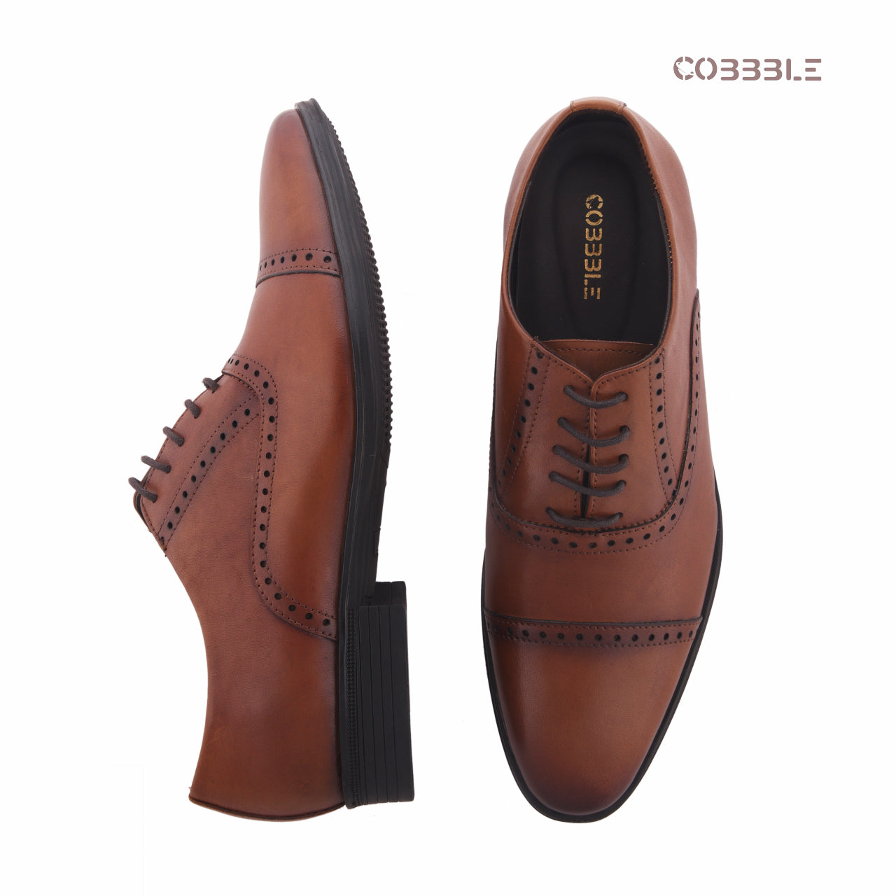 Cobbble Fusion Genuine Leather Brogue Shoes - Tan