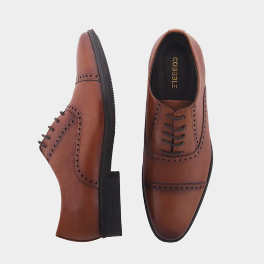 Cobbble Fusion Genuine Leather Brogue Shoes - Tan