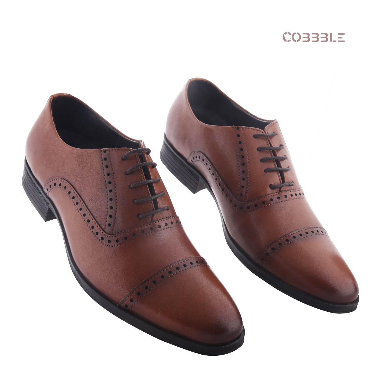 Cobbble Fusion Genuine Leather Brogue Shoes - Tan