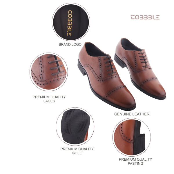 Cobbble Fusion Genuine Leather Brogue Shoes - Tan