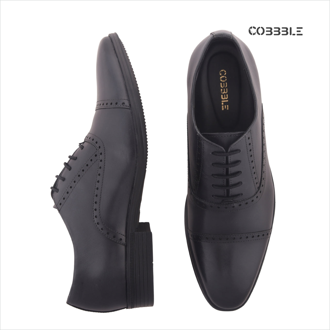 Cobbble Fusion Genuine Leather Brogue Shoes - Black