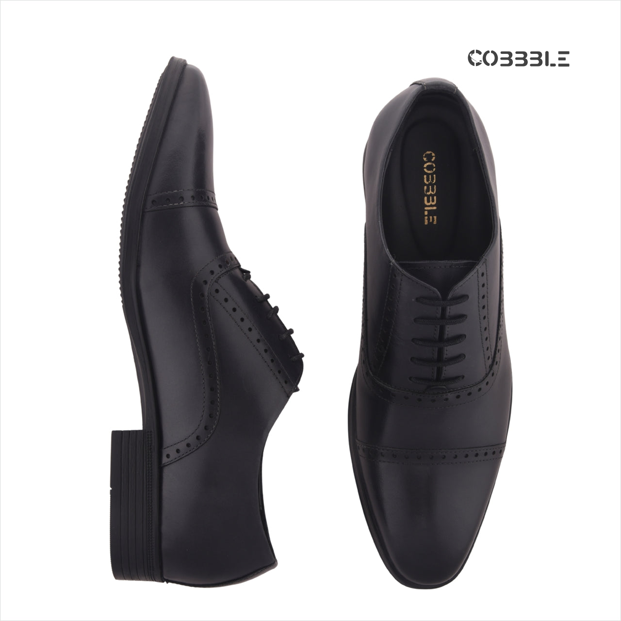 Cobbble Fusion Genuine Leather Brogue Shoes - Black