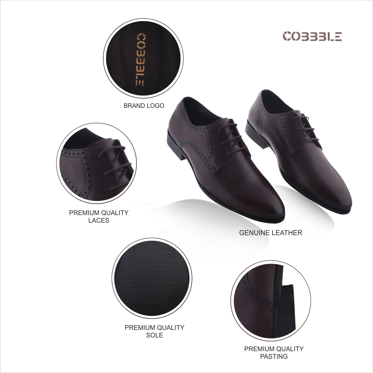 Cobble Men's Genuine Leather Classic Brogue Shoes - Dark Brown