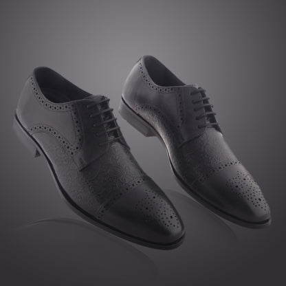 Cobbble Men's Premium Engraved Brogue Leather Shoes - Grey