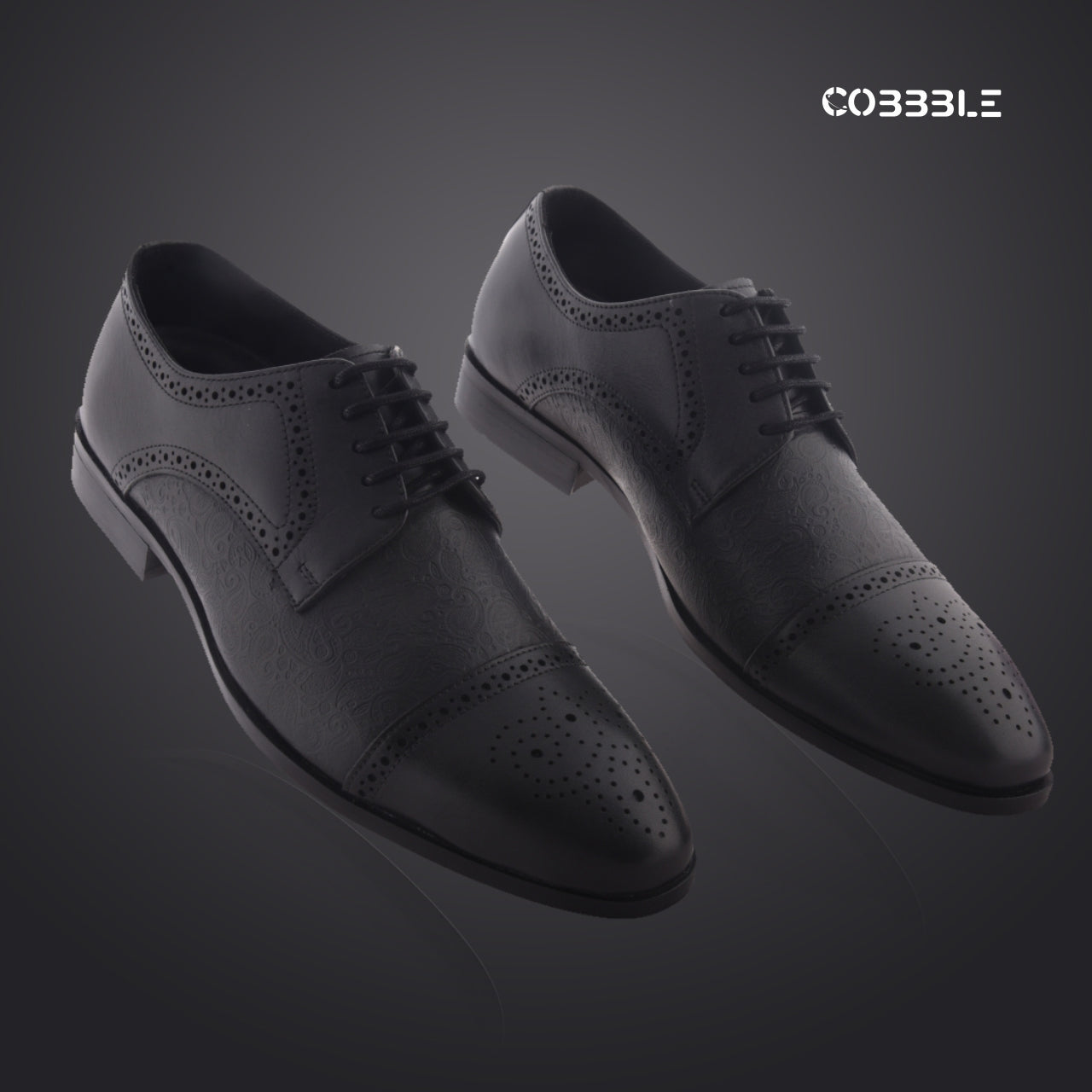 Cobbble Men's Premium Engraved Brogue Leather Shoes - Black