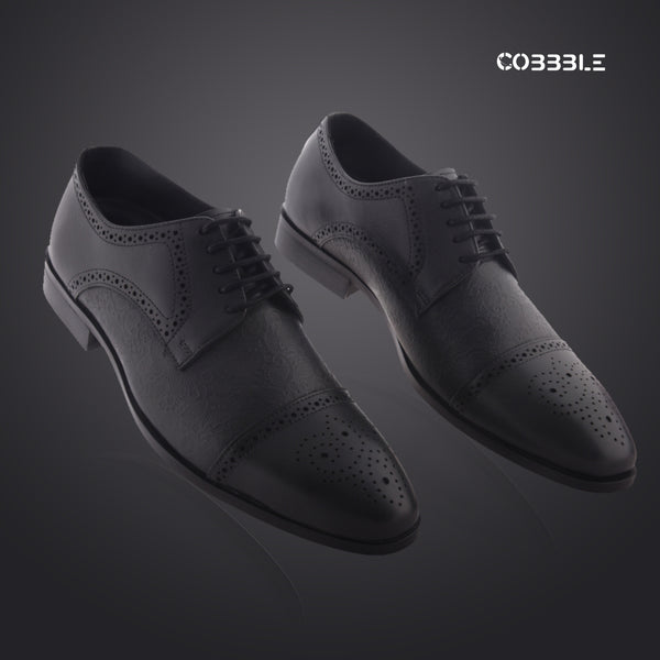Cobbble Men's Premium Engraved Brogue Leather Shoes - Black
