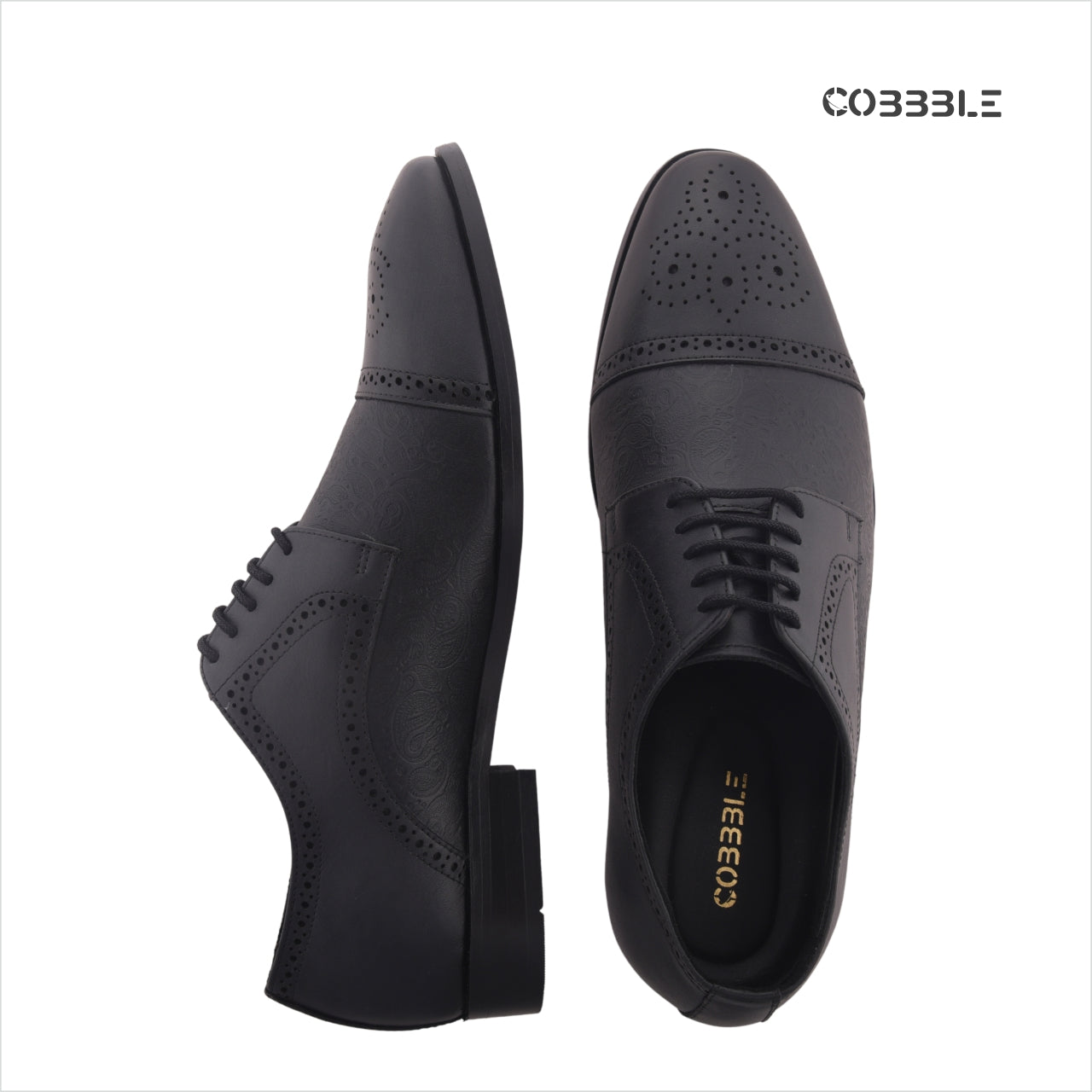 Cobbble Men's Premium Engraved Brogue Leather Shoes - Black