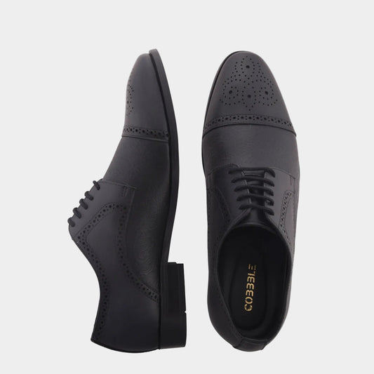 Cobbble Men's Premium Engraved Brogue Leather Shoes - Black