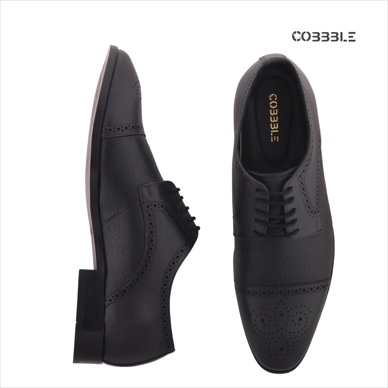 Cobbble Men's Premium Engraved Brogue Leather Shoes - Black