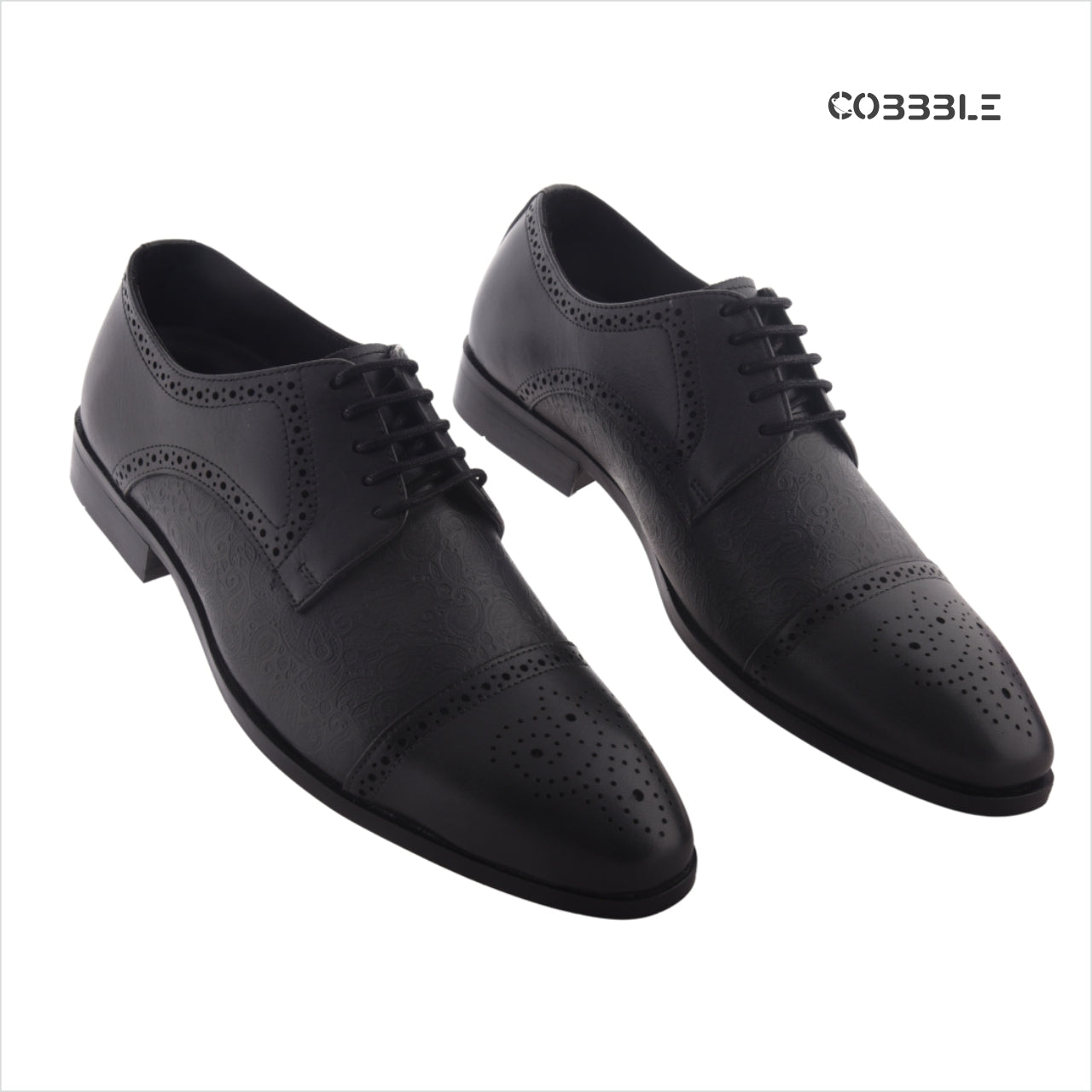 Cobbble Men's Premium Engraved Brogue Leather Shoes - Black