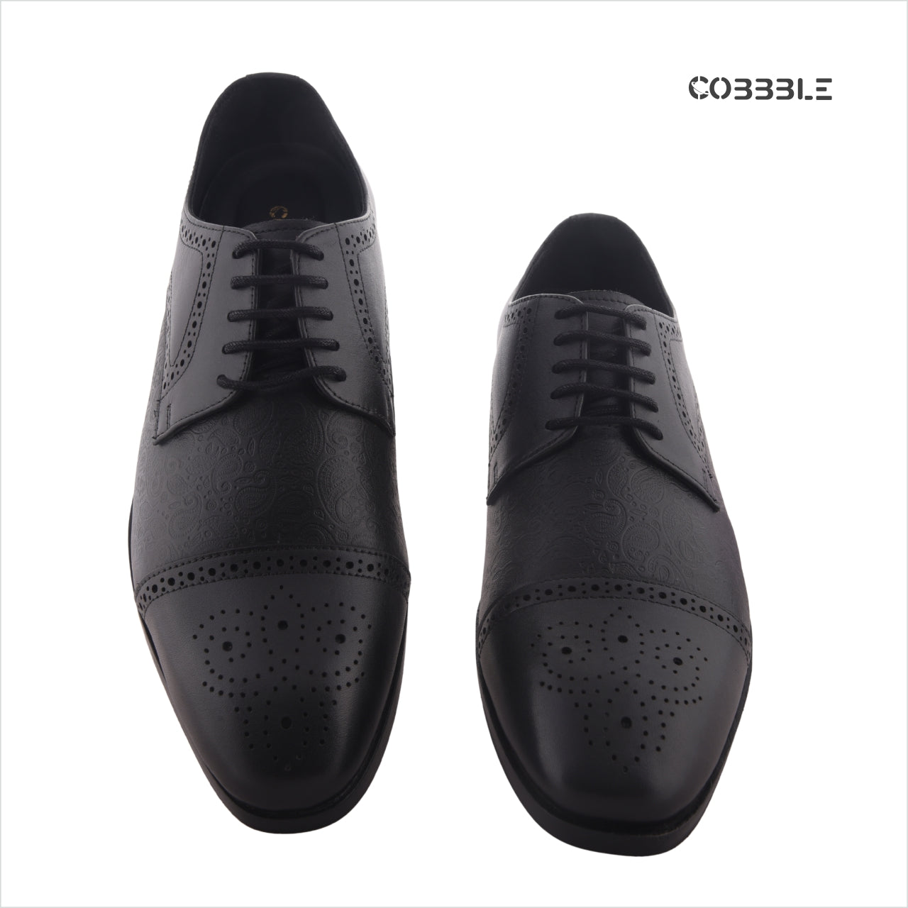 Cobbble Men's Premium Engraved Brogue Leather Shoes - Black