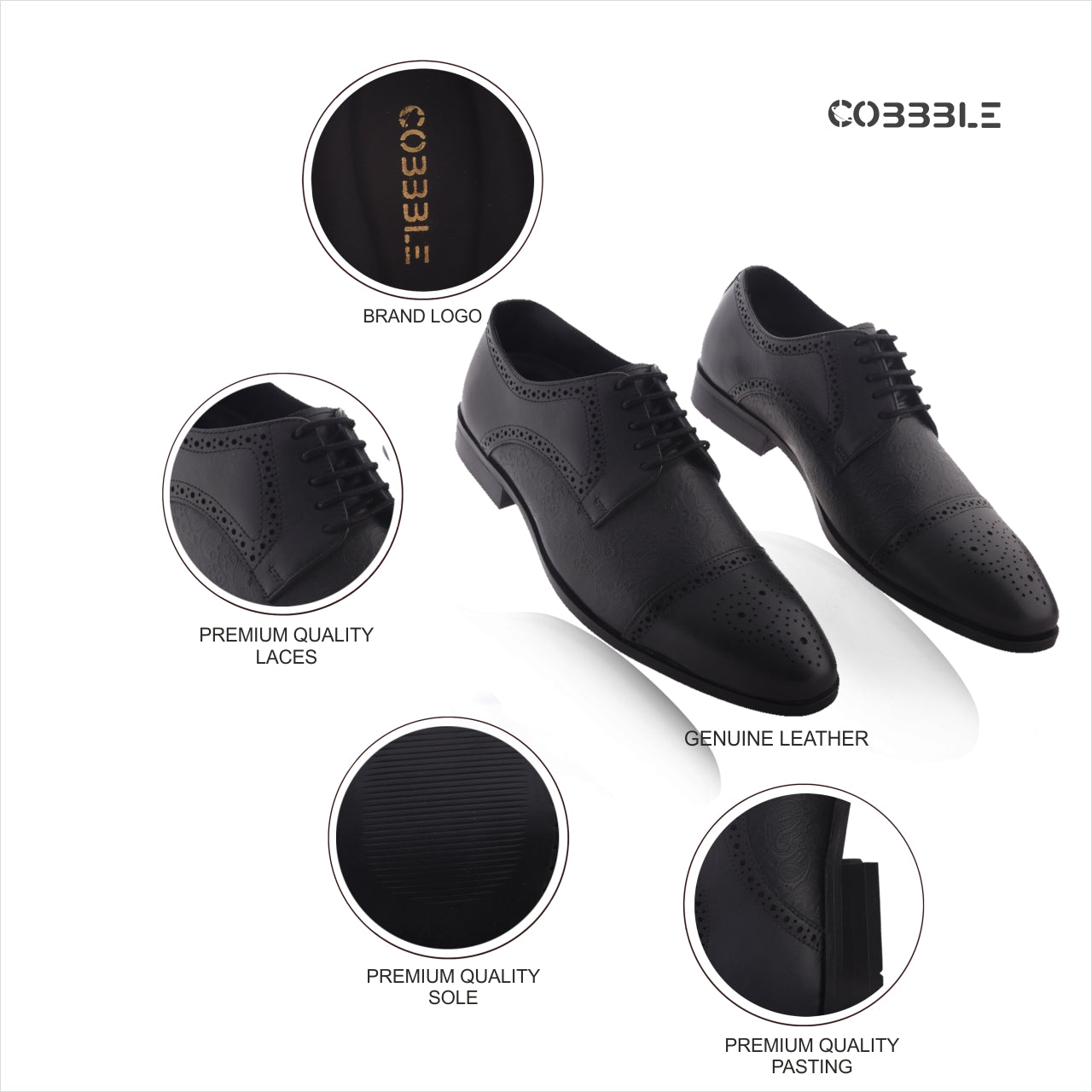 Cobbble Men's Premium Engraved Brogue Leather Shoes - Black