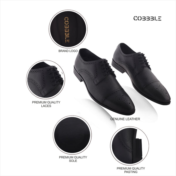 Cobbble Men's Premium Engraved Brogue Leather Shoes - Black