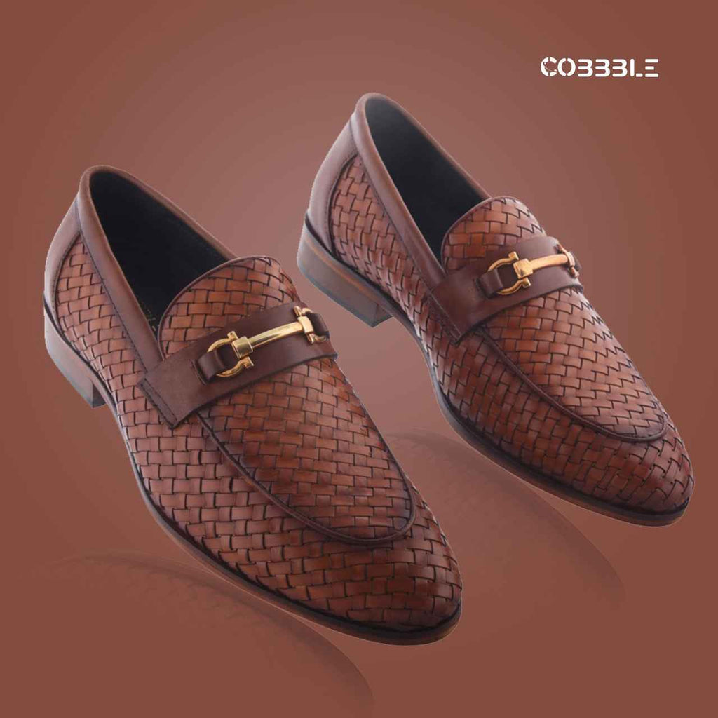 Cobbble Men's Genuine Leather Woven Loafer Shoes - Tan
