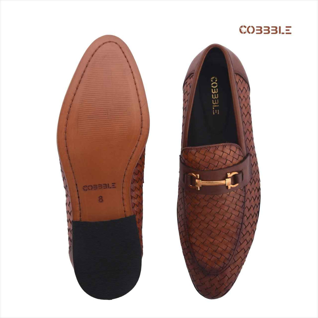 Cobbble Men's Genuine Leather Woven Loafer Shoes - Tan