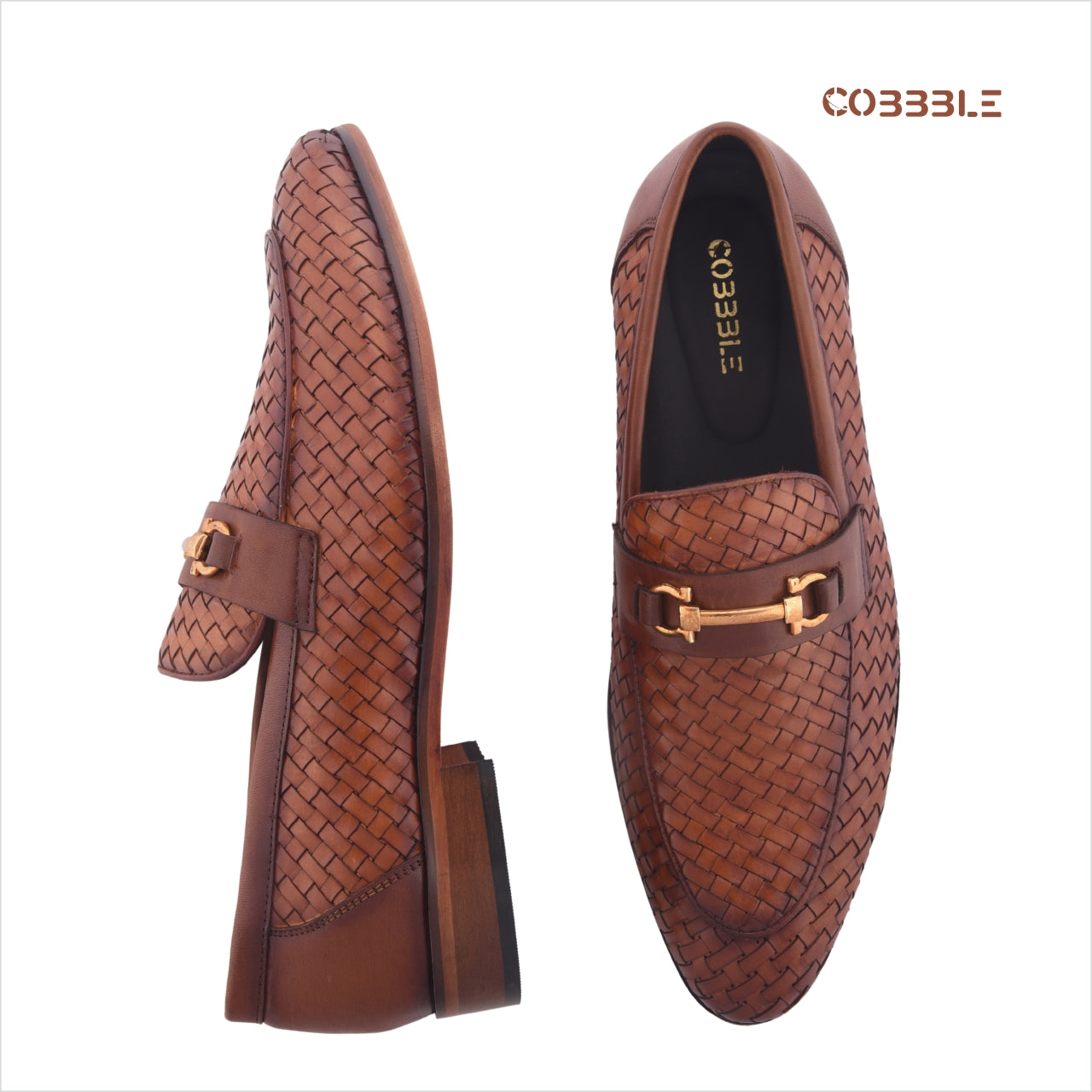 Cobbble Men's Genuine Leather Woven Loafer Shoes - Tan