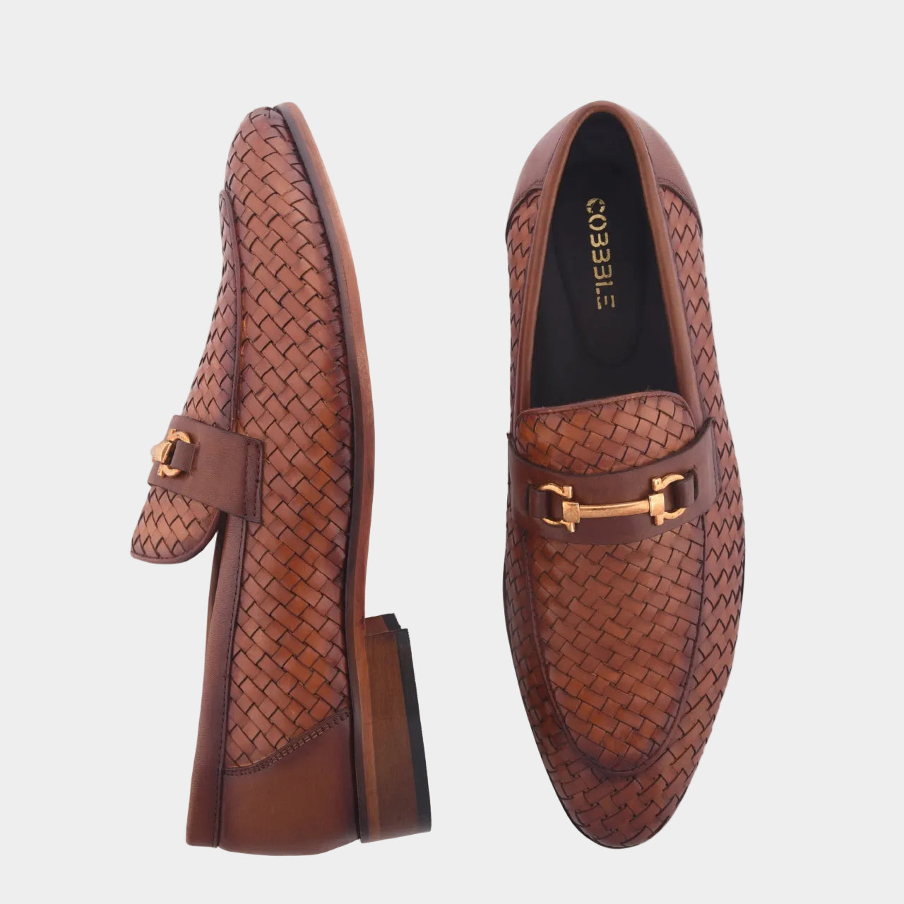 Cobbble Men's Genuine Leather Woven Loafer Shoes - Tan