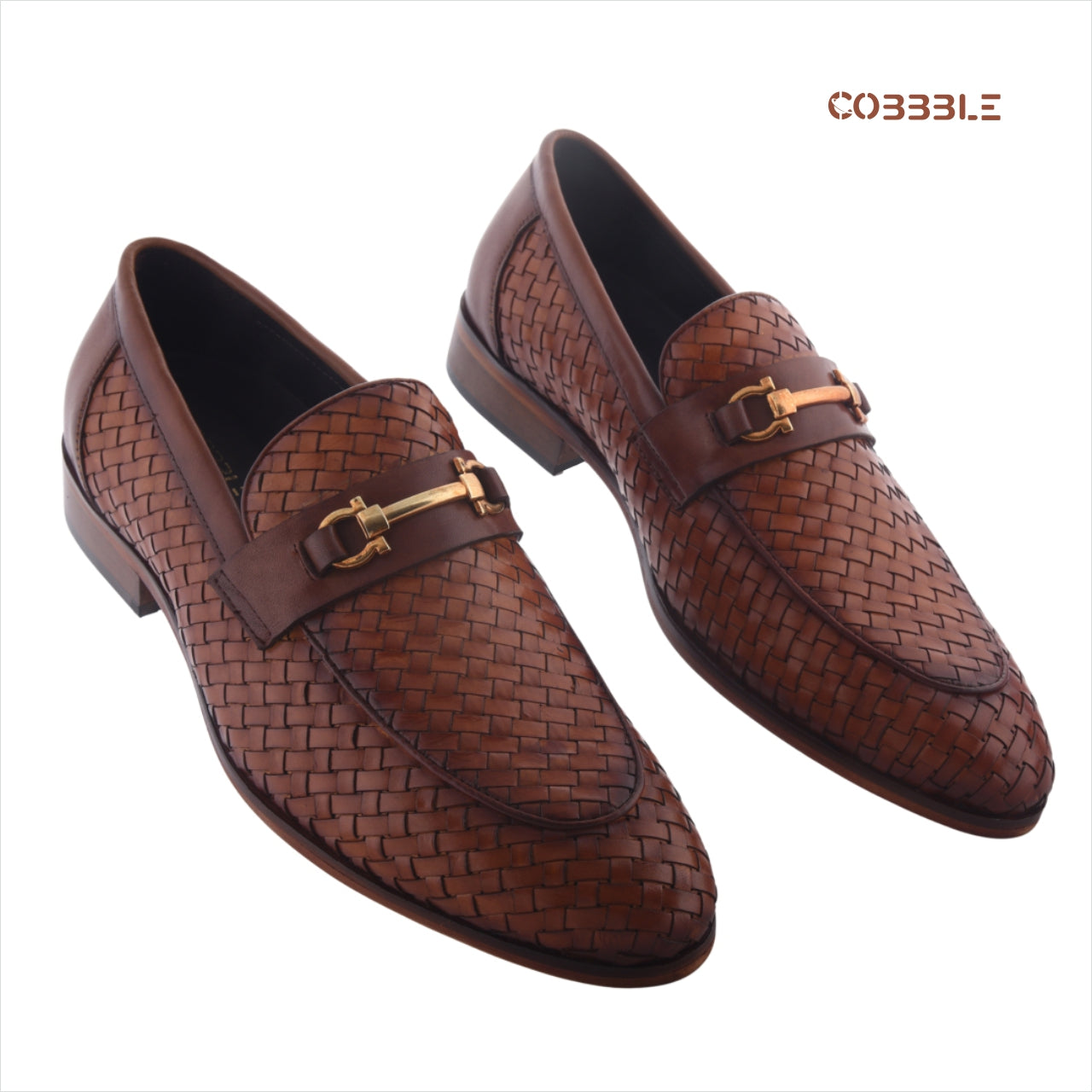 Cobbble Men's Genuine Leather Woven Loafer Shoes - Tan