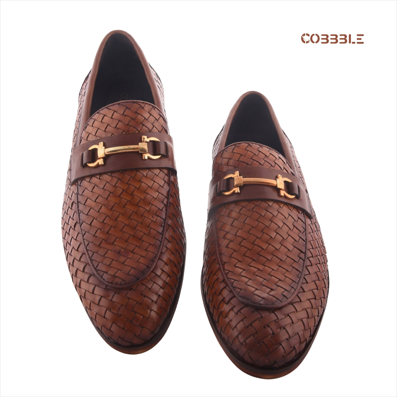 Cobbble Men's Genuine Leather Woven Loafer Shoes - Tan