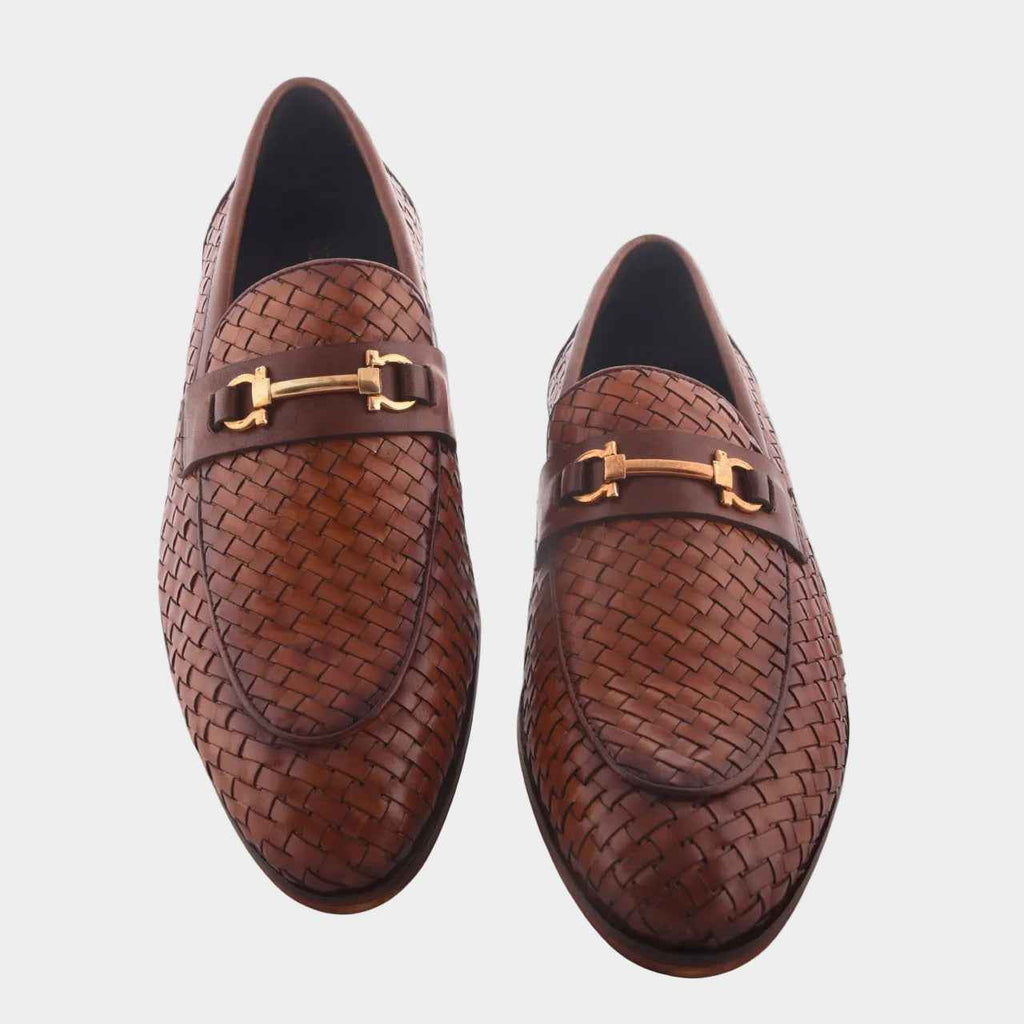 Cobbble Men's Genuine Leather Woven Loafer Shoes - Tan