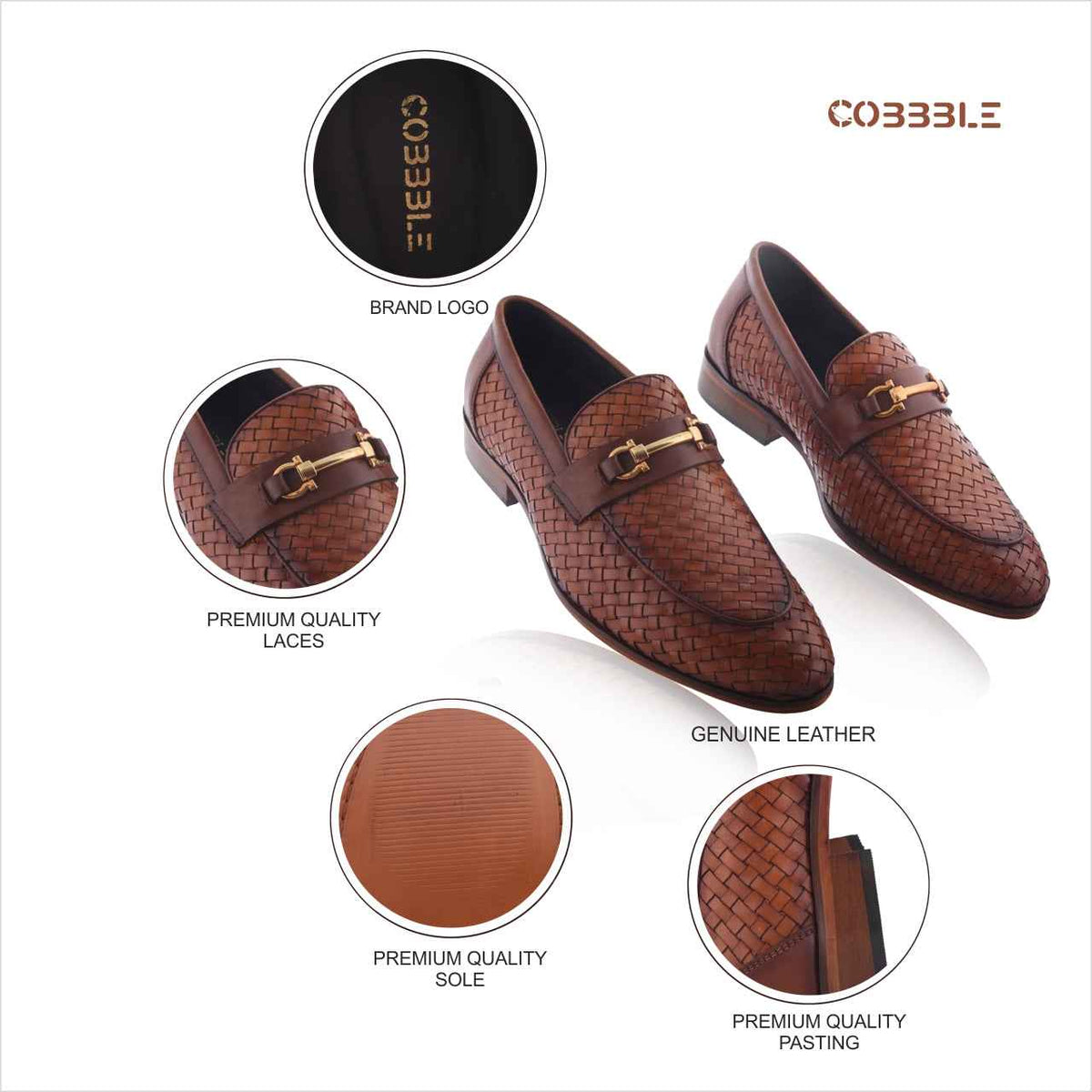 Cobbble Men's Genuine Leather Woven Loafer Shoes - Tan