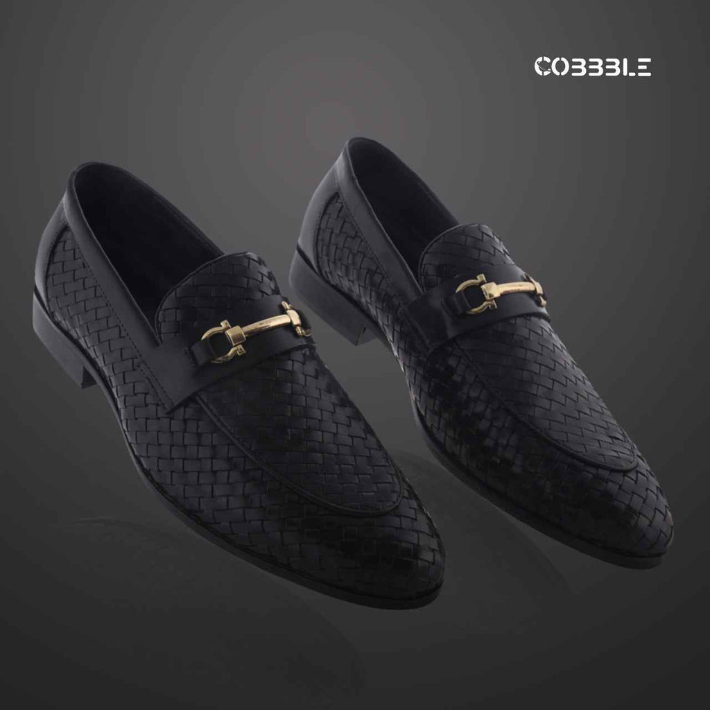 Cobbble Men's Genuine Leather Woven Loafer Shoes - Black