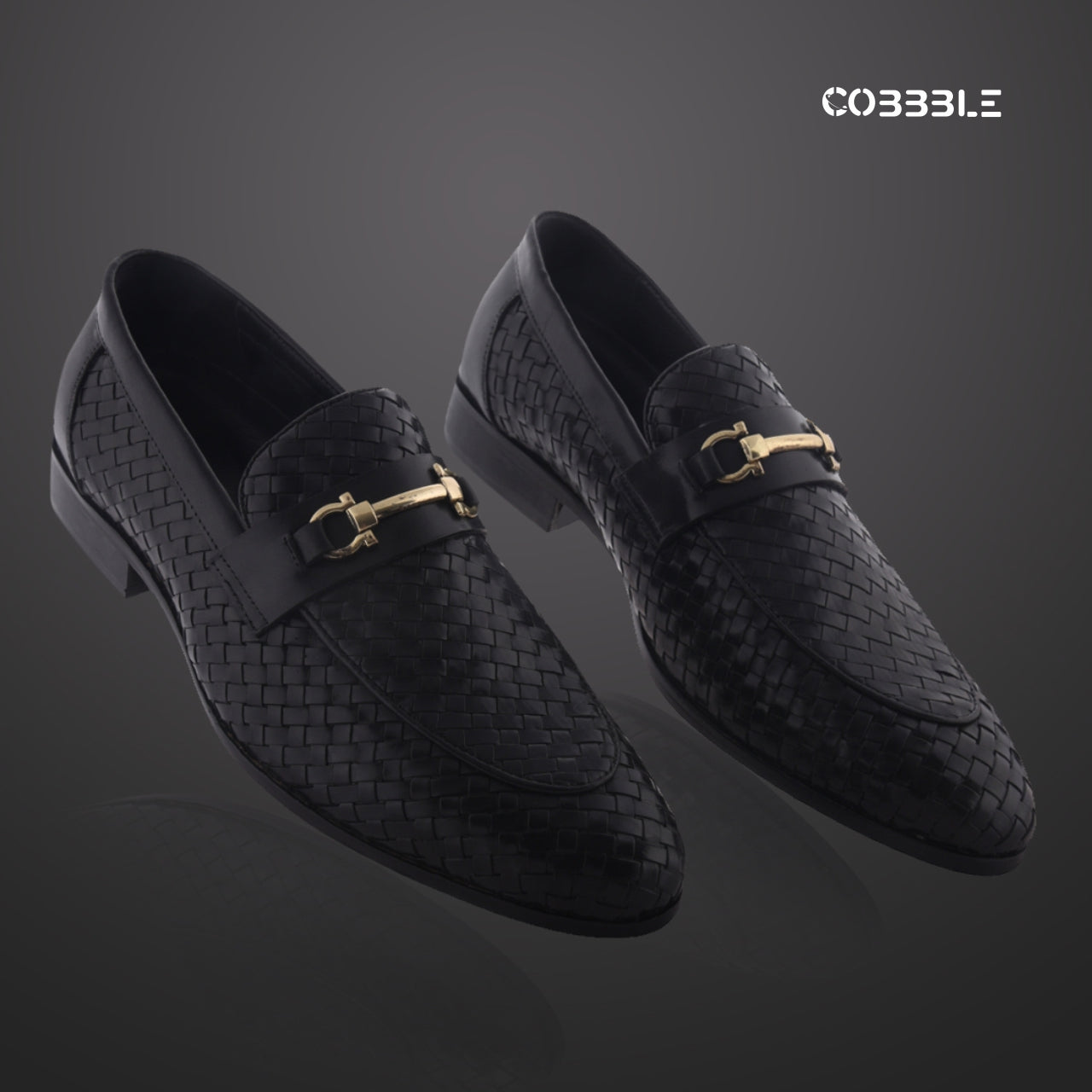 Cobbble Men's Genuine Leather Woven Loafer Shoes - Black