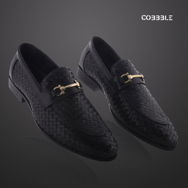 Cobbble Men's Genuine Leather Woven Loafer Shoes - Black