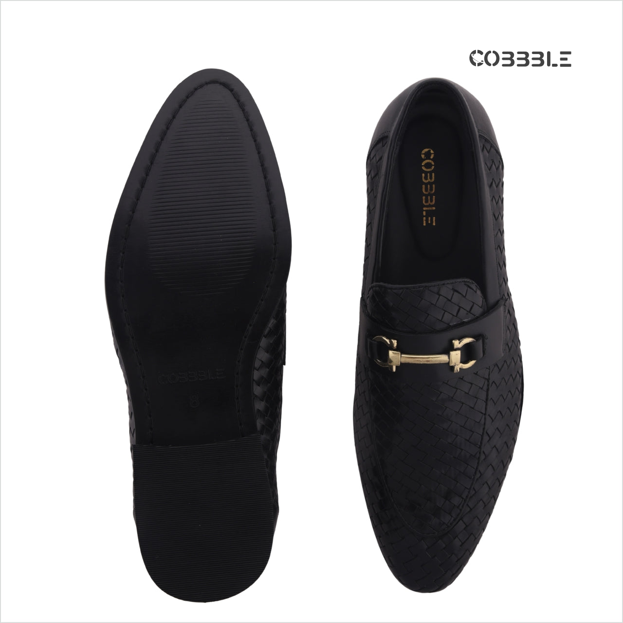 Cobbble Men's Genuine Leather Woven Loafer Shoes - Black