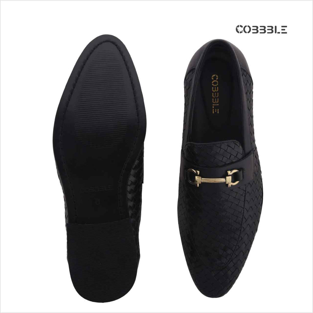 Cobbble Men's Genuine Leather Woven Loafer Shoes - Black