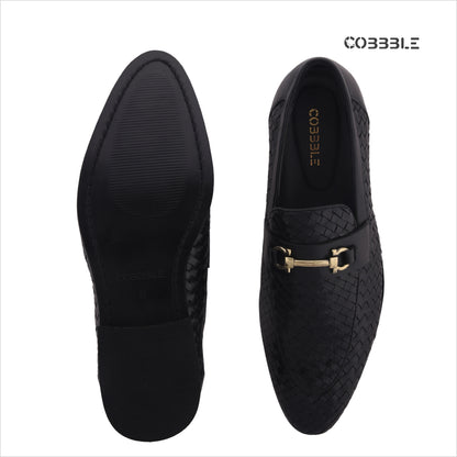 Cobbble Men's Genuine Leather Woven Loafer Shoes - Black