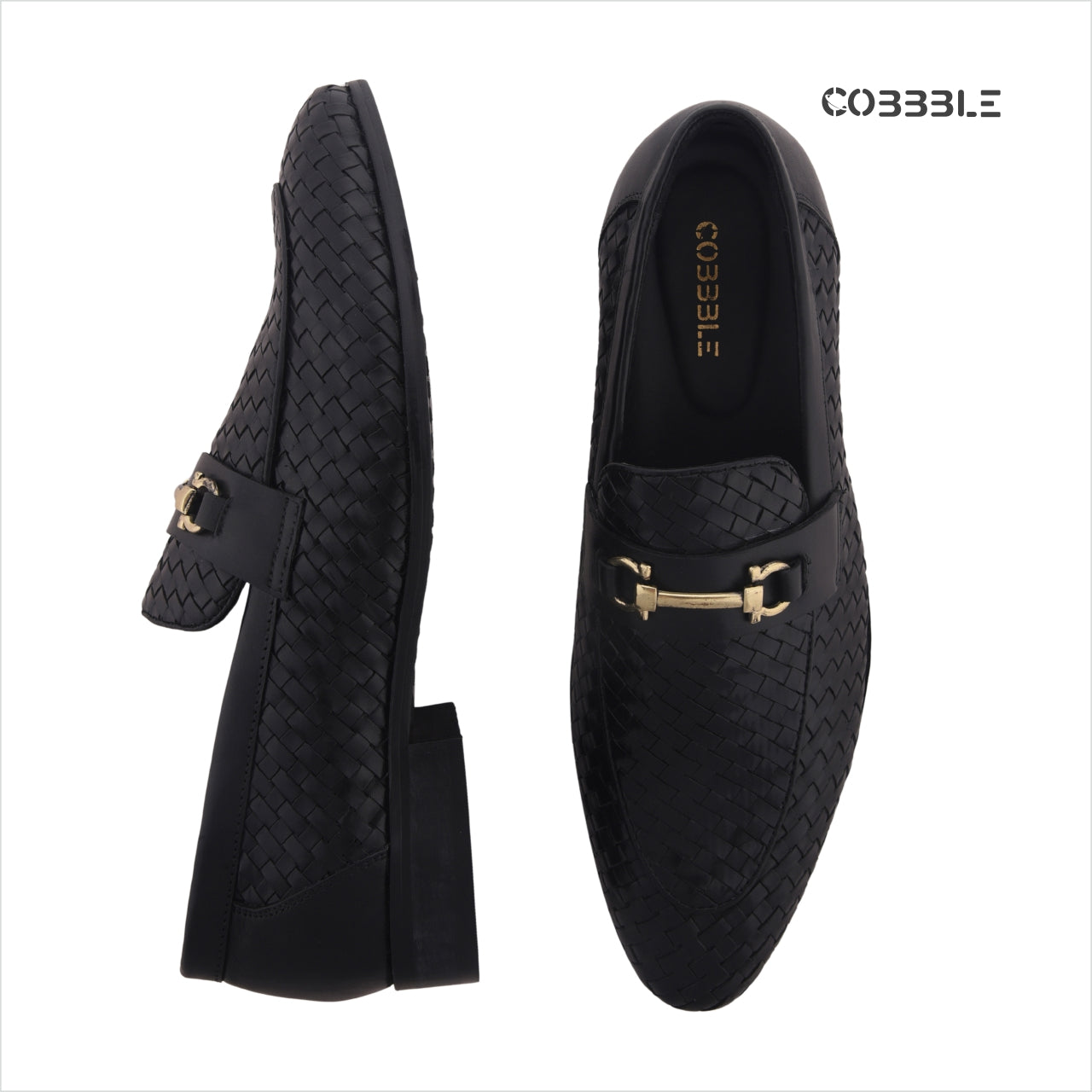 Cobbble Men's Genuine Leather Woven Loafer Shoes - Black